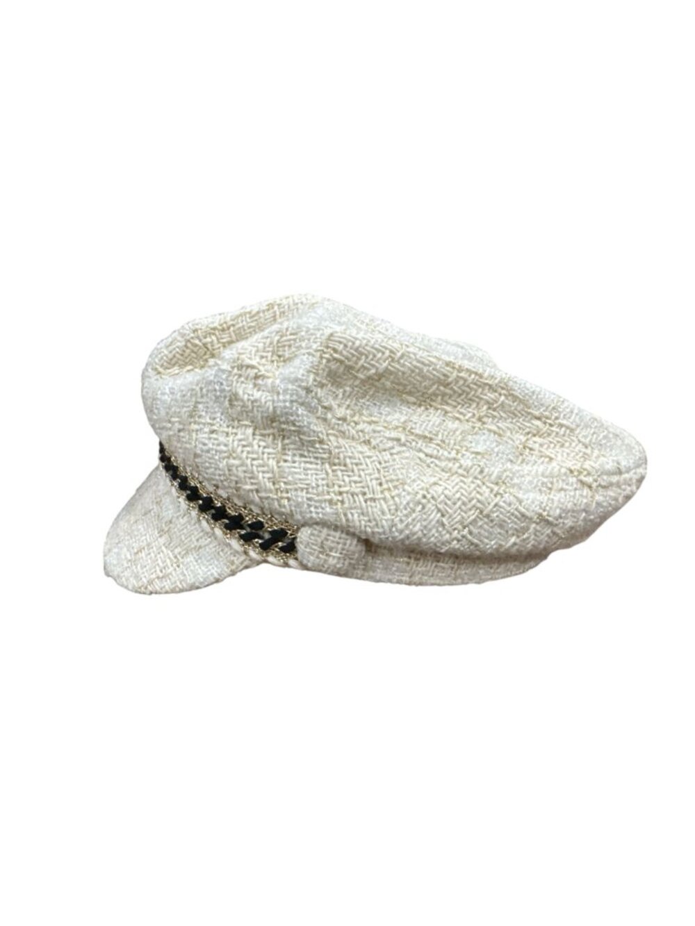 Kroché Paris Womens Ivory Tweed Baker Boy Cap With Black & Gold Chain Accent - Picture 3 of 7